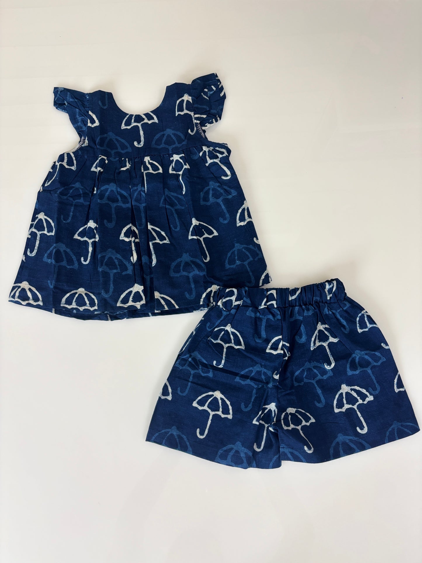 Navy Blue Umbrella Printed Kids Top and Shorts Set