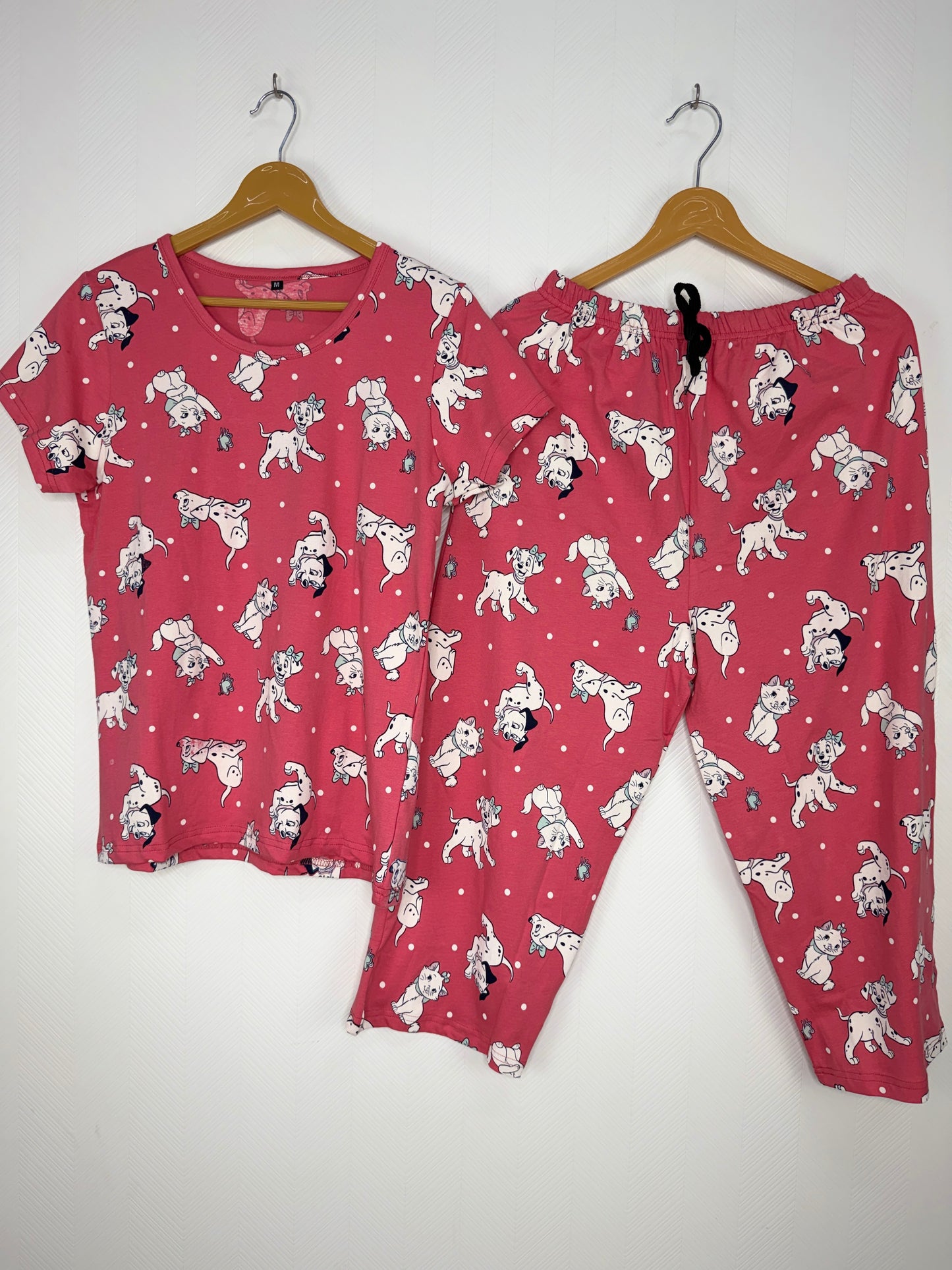 Pink Cartoon Puppy Print T-Shirt and 3/4th Coords