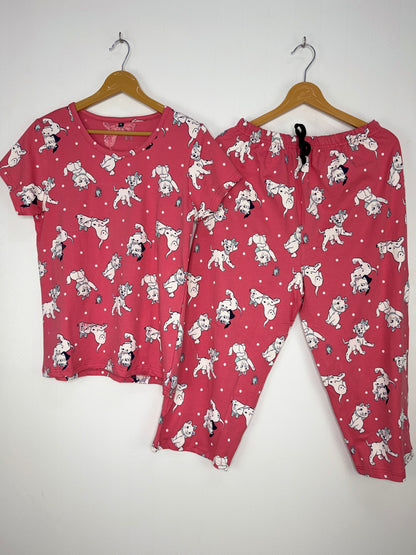 Pink Cartoon Puppy Print T-Shirt and 3/4th Coords