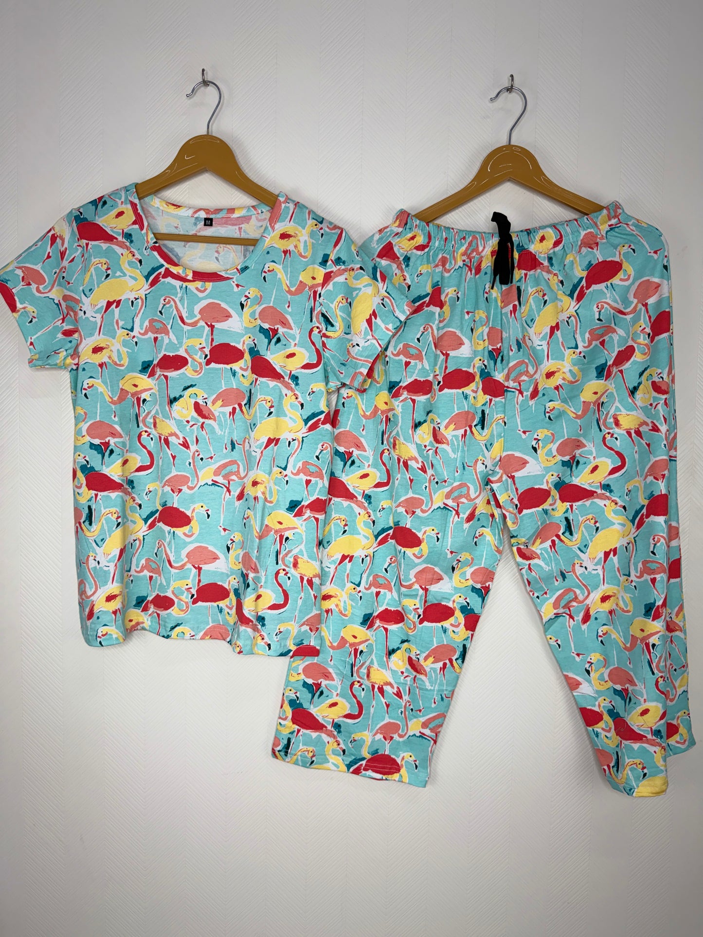 Aqua Flamingo Print T-Shirt and 3/4th Coords