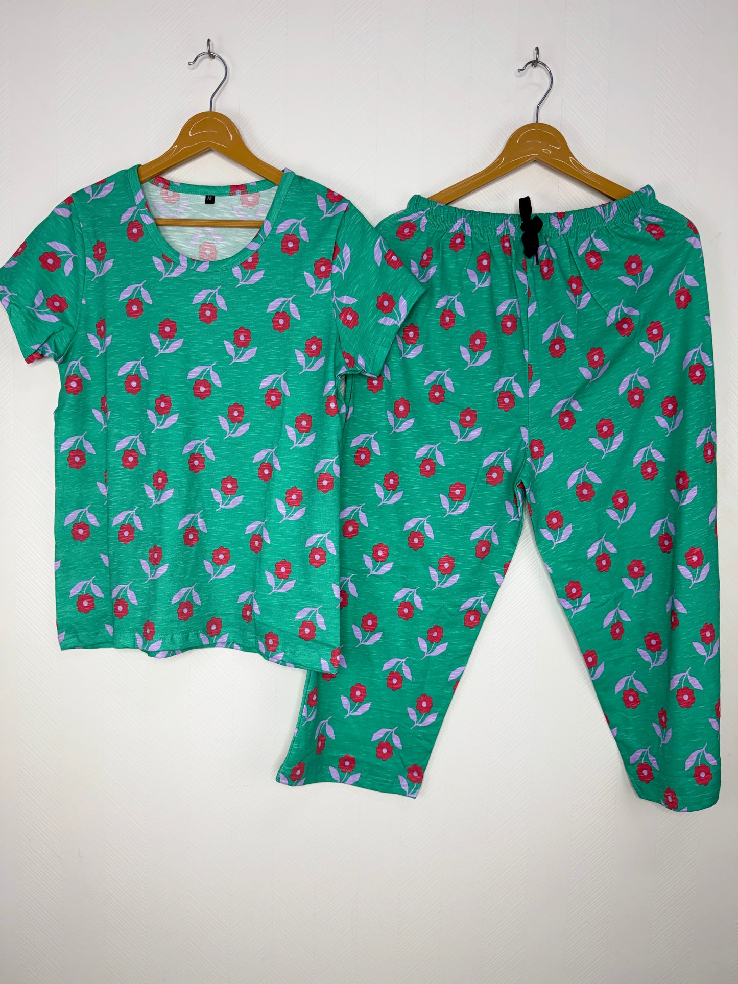 Green Floral Print T-Shirt and 3/4th Coords