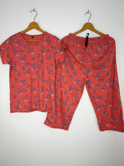 Coral Floral Print T-Shirt and 3/4th Coords