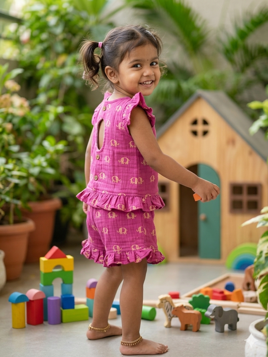 Pink Elephant Print Top and Shorts Coords