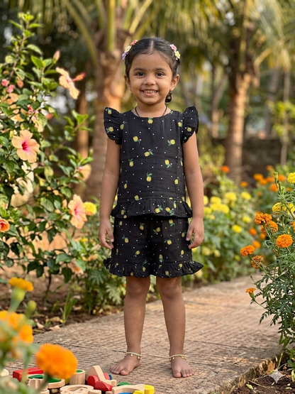 Black Lemon Print Top and Shorts Coords