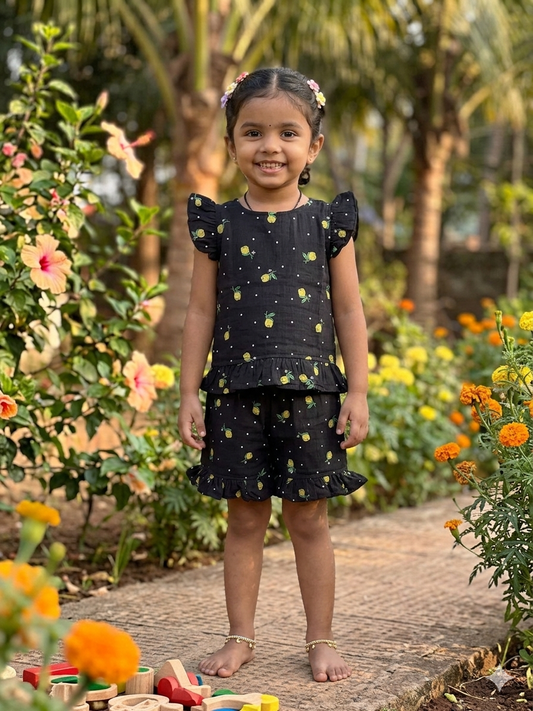 Black Pineapple Print Top and Shorts Coords