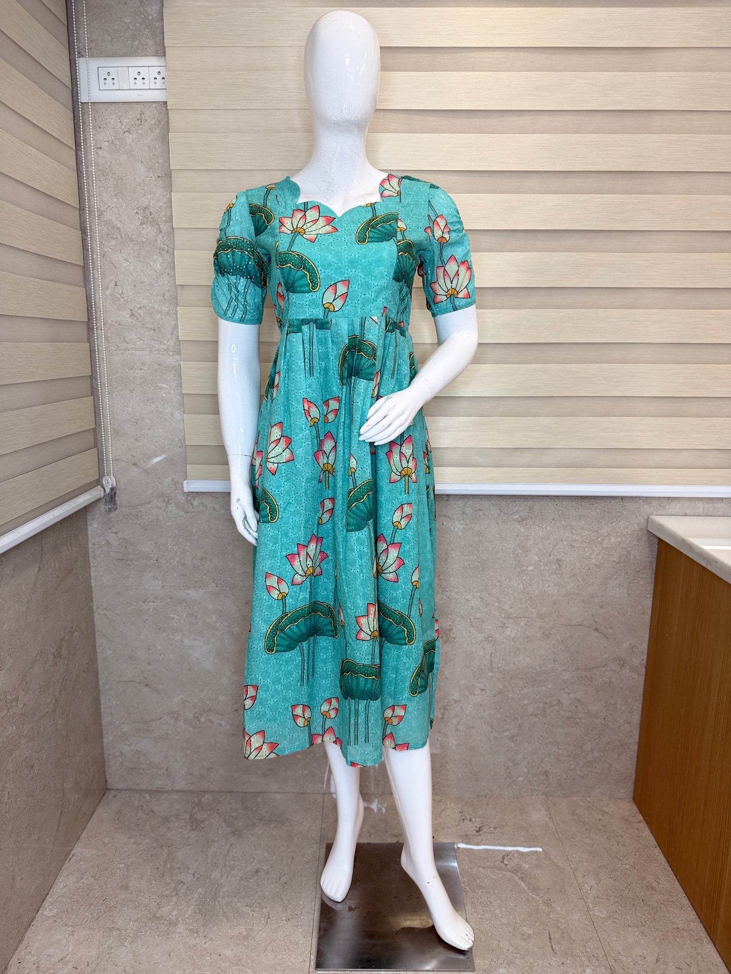Turquoise Lotus Print Hakoba Feeding Maxi