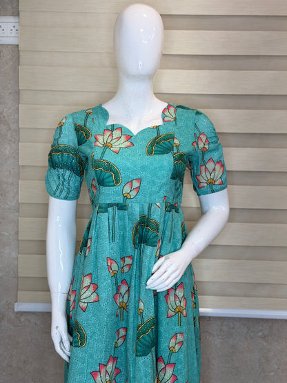 Turquoise Lotus Print Hakoba Feeding Maxi