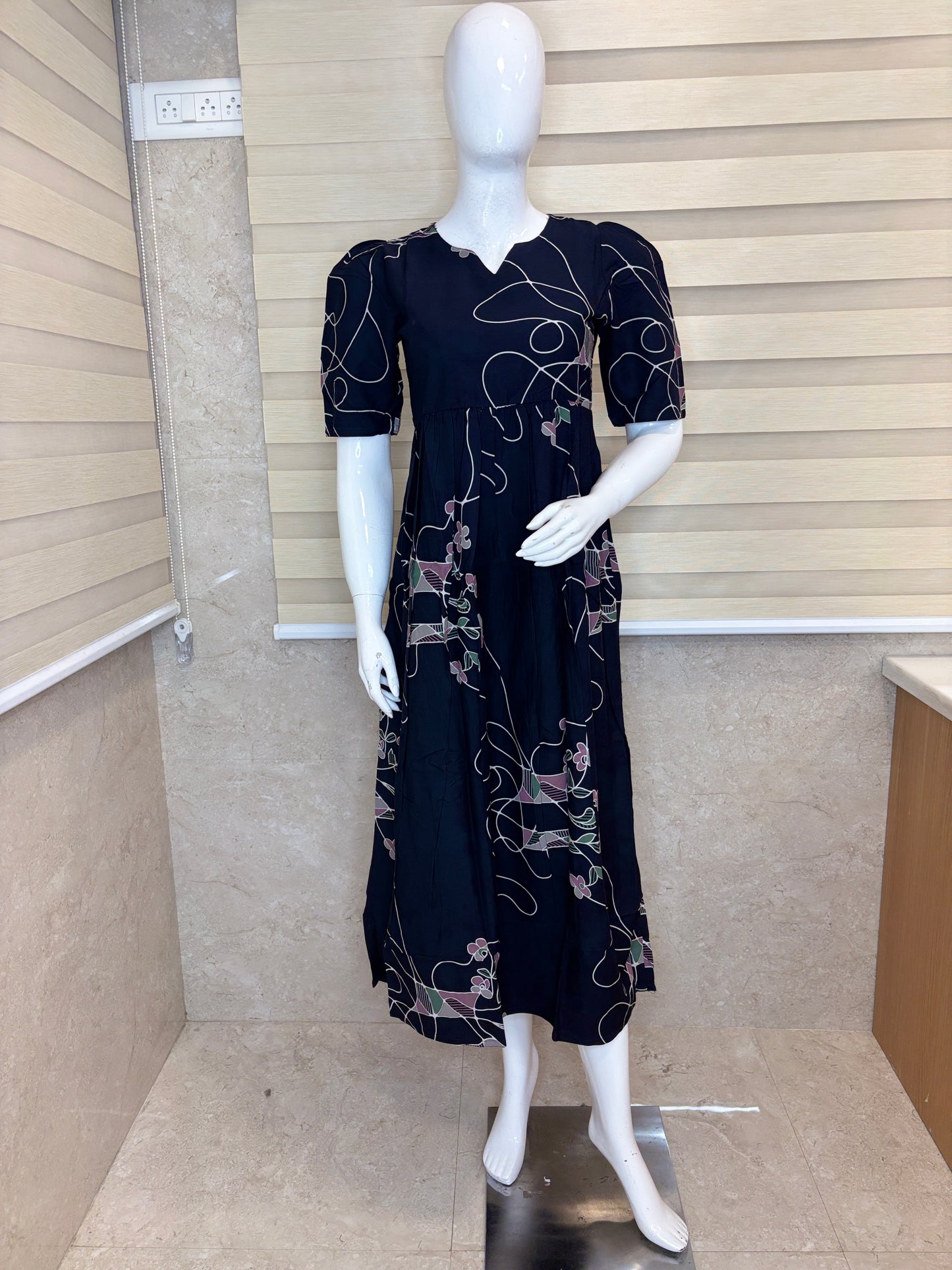 Midnight Navy Twilight Floral Vine Budget Friendly Frock