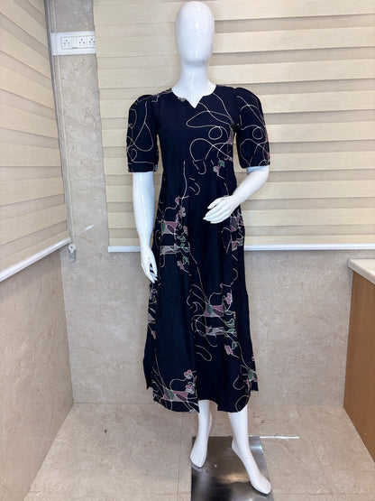 Midnight Navy Twilight Floral Vine Budget Friendly Frock