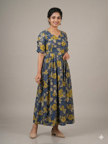 Blue Floral Print Hakoba Feeding Maxi