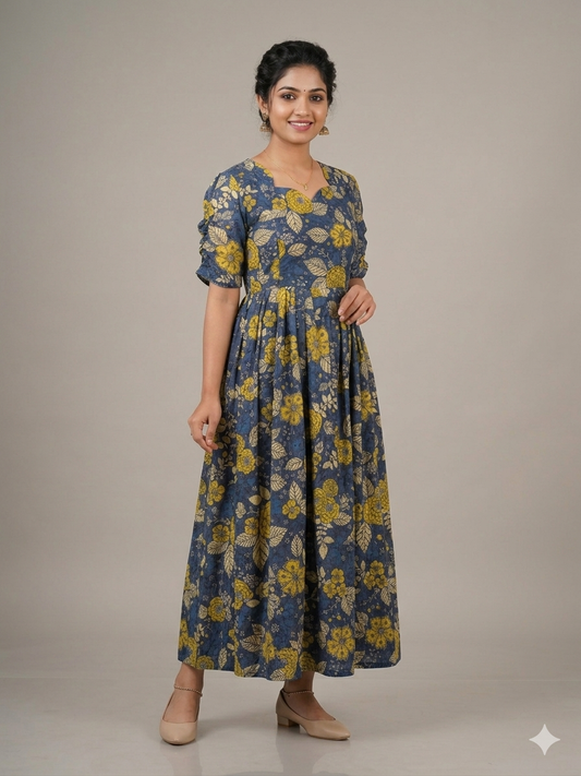Blue Floral Print Hakoba Feeding Maxi