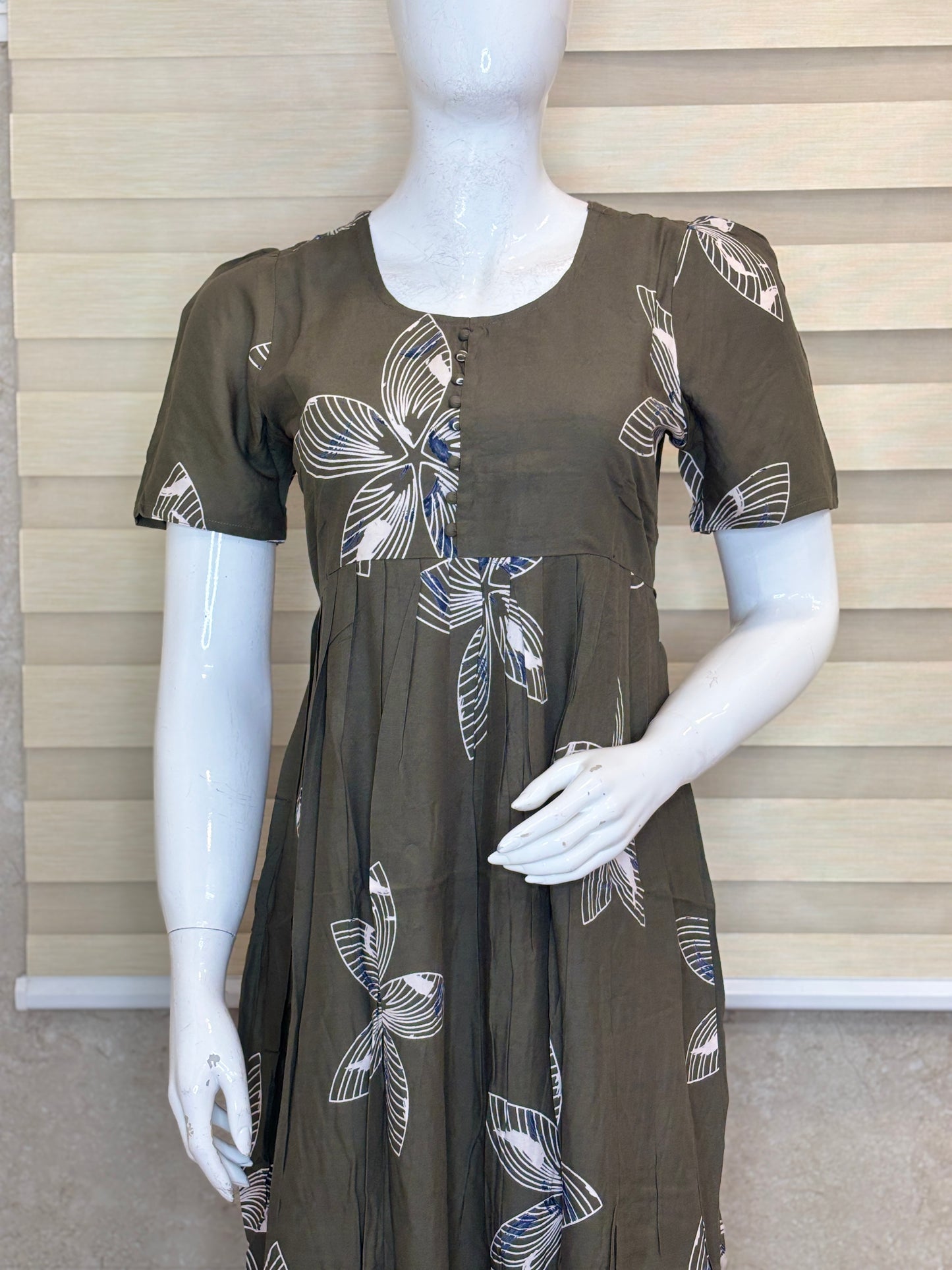 Olive Green Ivory Bloom Budget Friendly Frock