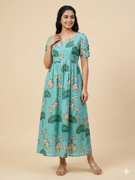 Turquoise Lotus Print Hakoba Feeding Maxi
