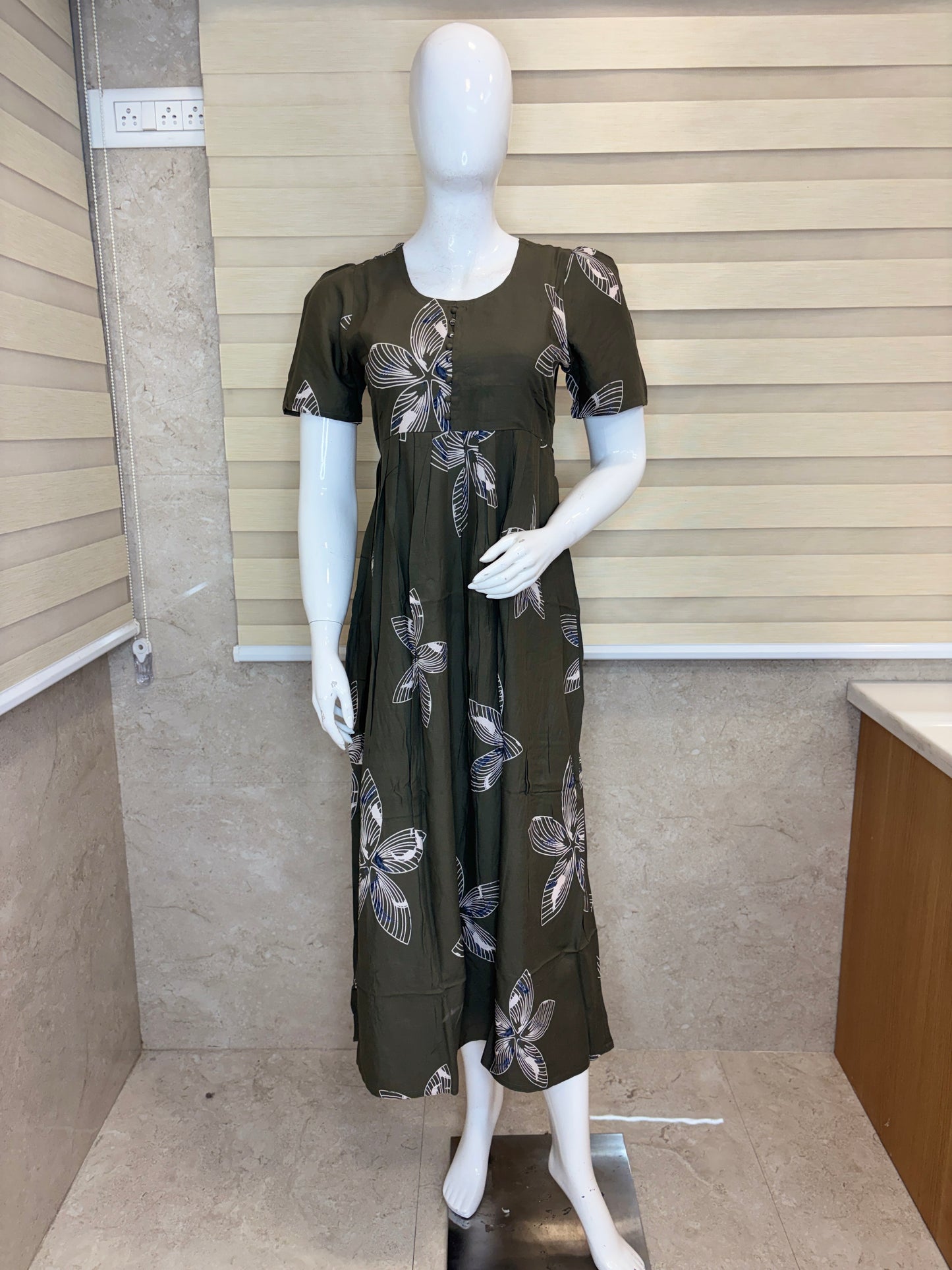 Olive Green Ivory Bloom Budget Friendly Frock