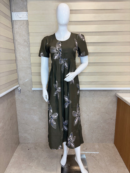 Olive Green Ivory Bloom Budget Friendly Frock