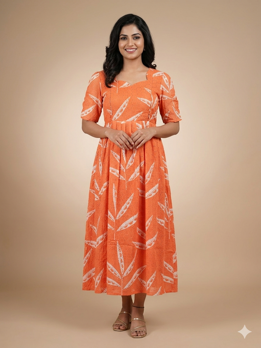 Peach Leaf Print Hakoba Feeding Maxi