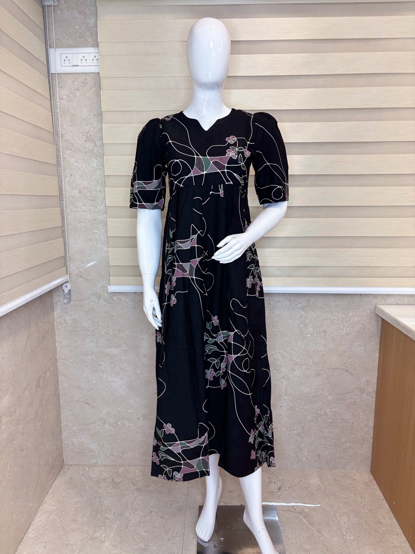Midnight Black Twilight Floral Vine Budget Friendly Frock