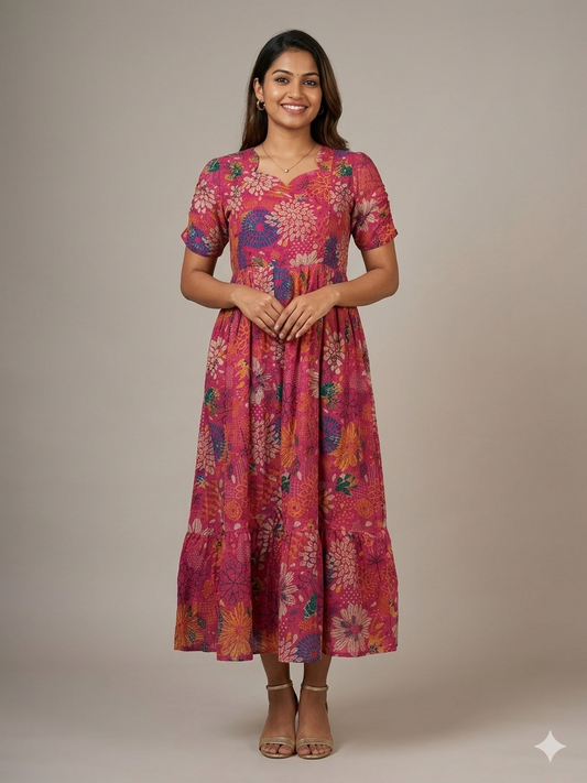 Pink Floral Print Hakoba Feeding Maxi