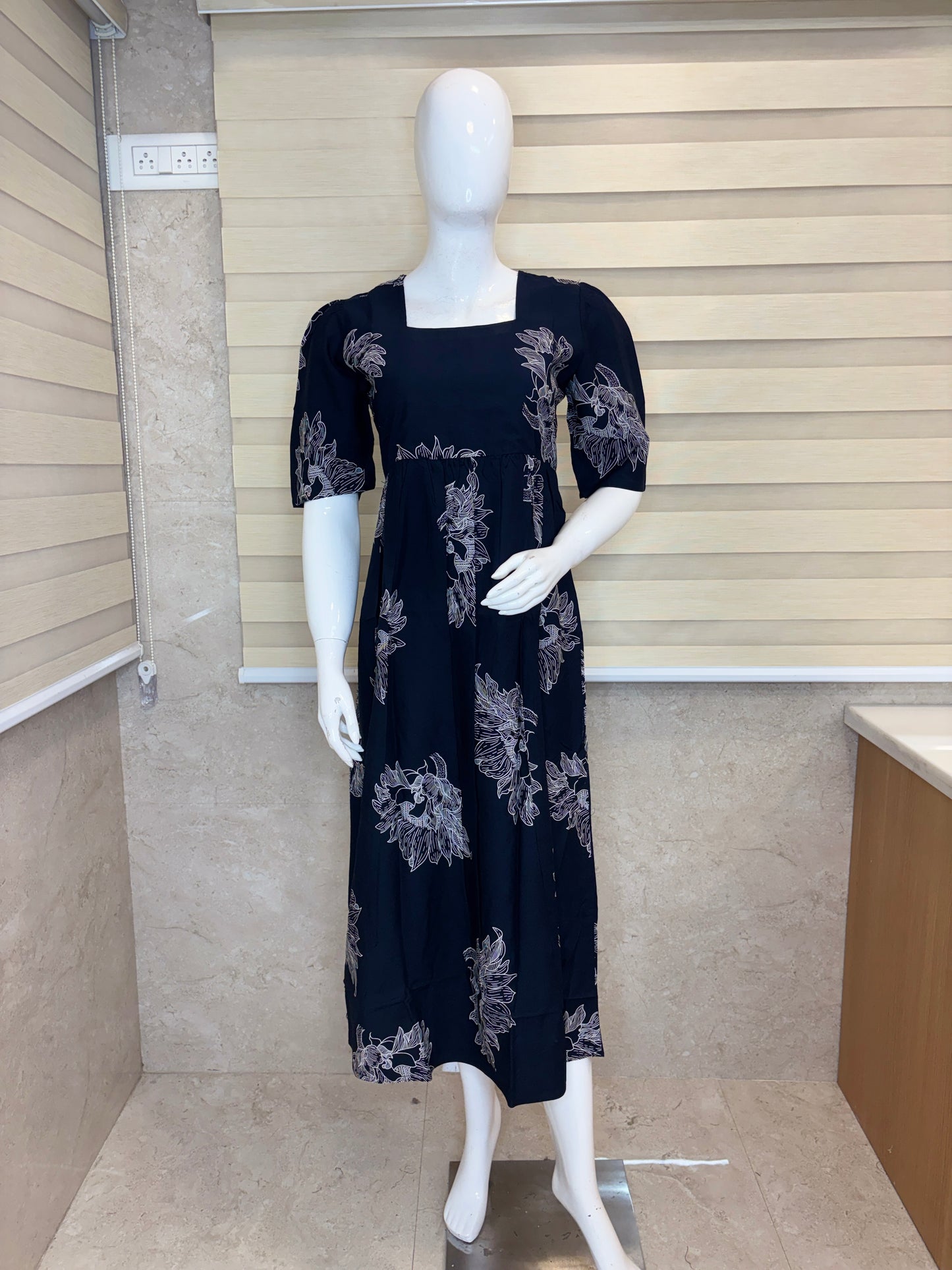 Deep Navy Blue Silver Bloom Budget Friendly Frock
