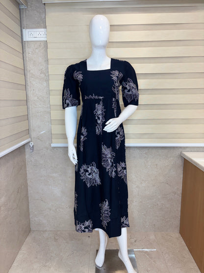 Deep Navy Blue Silver Bloom Budget Friendly Frock