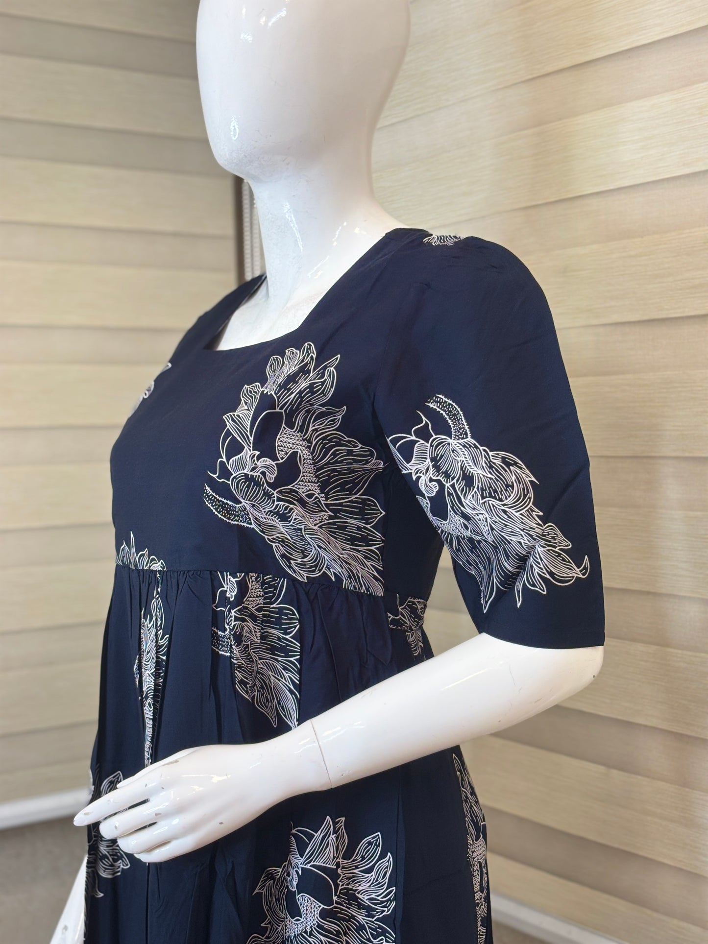 Deep Navy Blue Silver Bloom Budget Friendly Frock