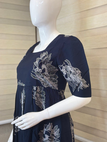 Deep Navy Blue Silver Bloom Budget Friendly Frock
