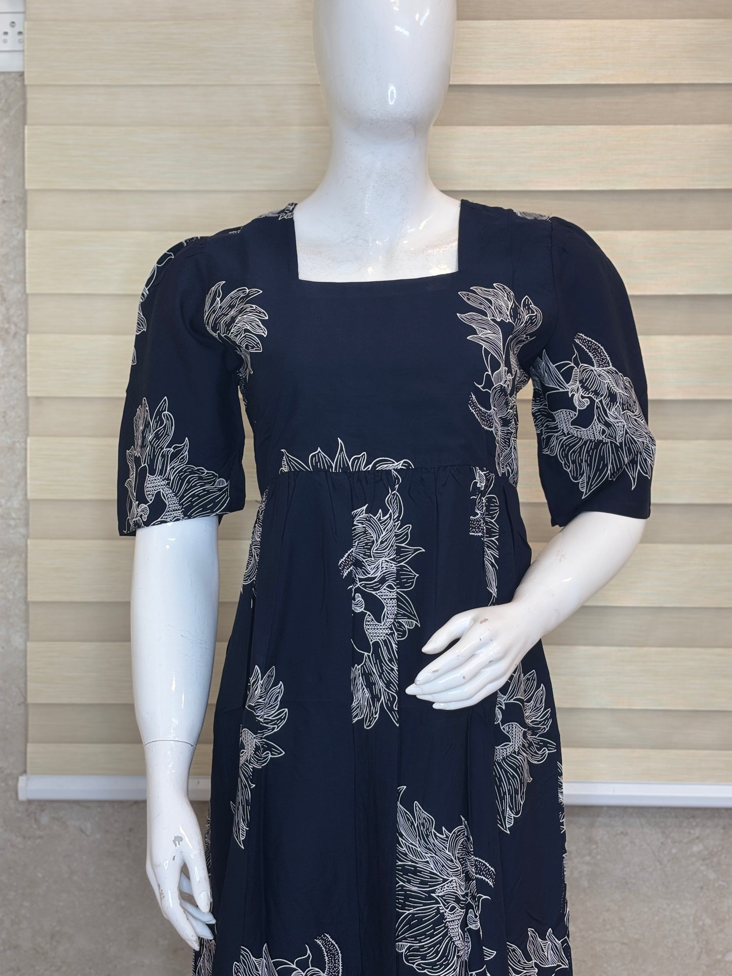 Deep Navy Blue Silver Bloom Budget Friendly Frock