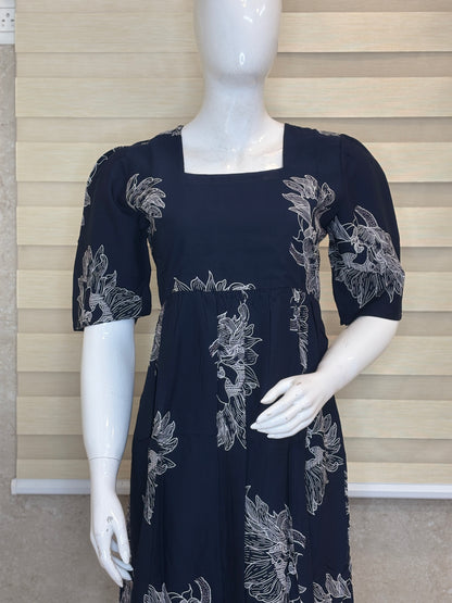 Deep Navy Blue Silver Bloom Budget Friendly Frock