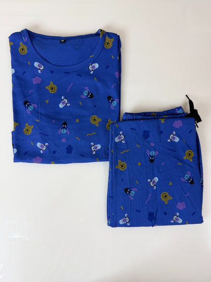 Royal Blue Cartoon Printed Feeding T-shirt And Pants