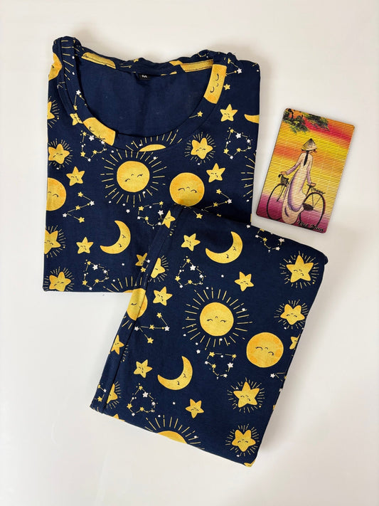 Navy Blue Celestial Pattern Printed T-shirt with Combo Pant Set