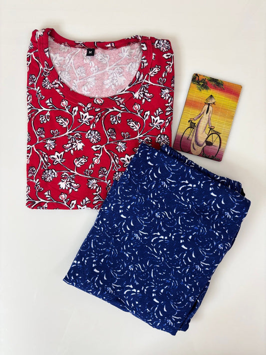 Red and White Floral Printed T-shirt with Blue Contrast Pant Set
