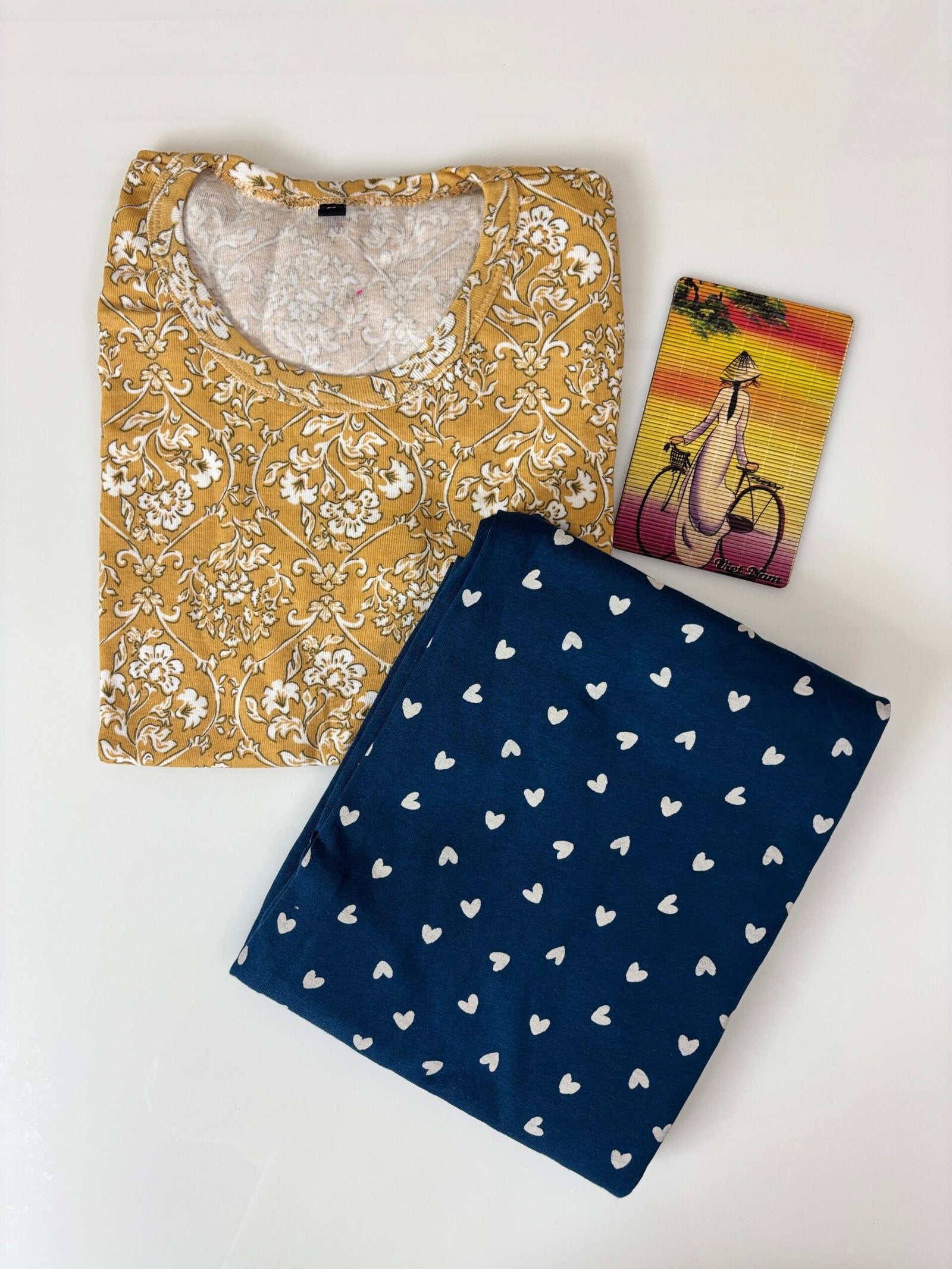 Golden Yellow Floral Printed T-shirt with Navy Blue Contrast Pant Set