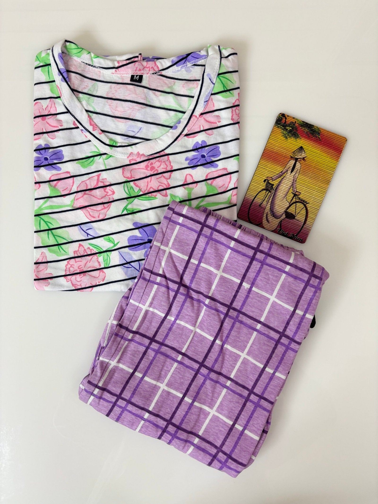 White Stripes Floral Printed T-shirt with Lavender Contrast Pant Set