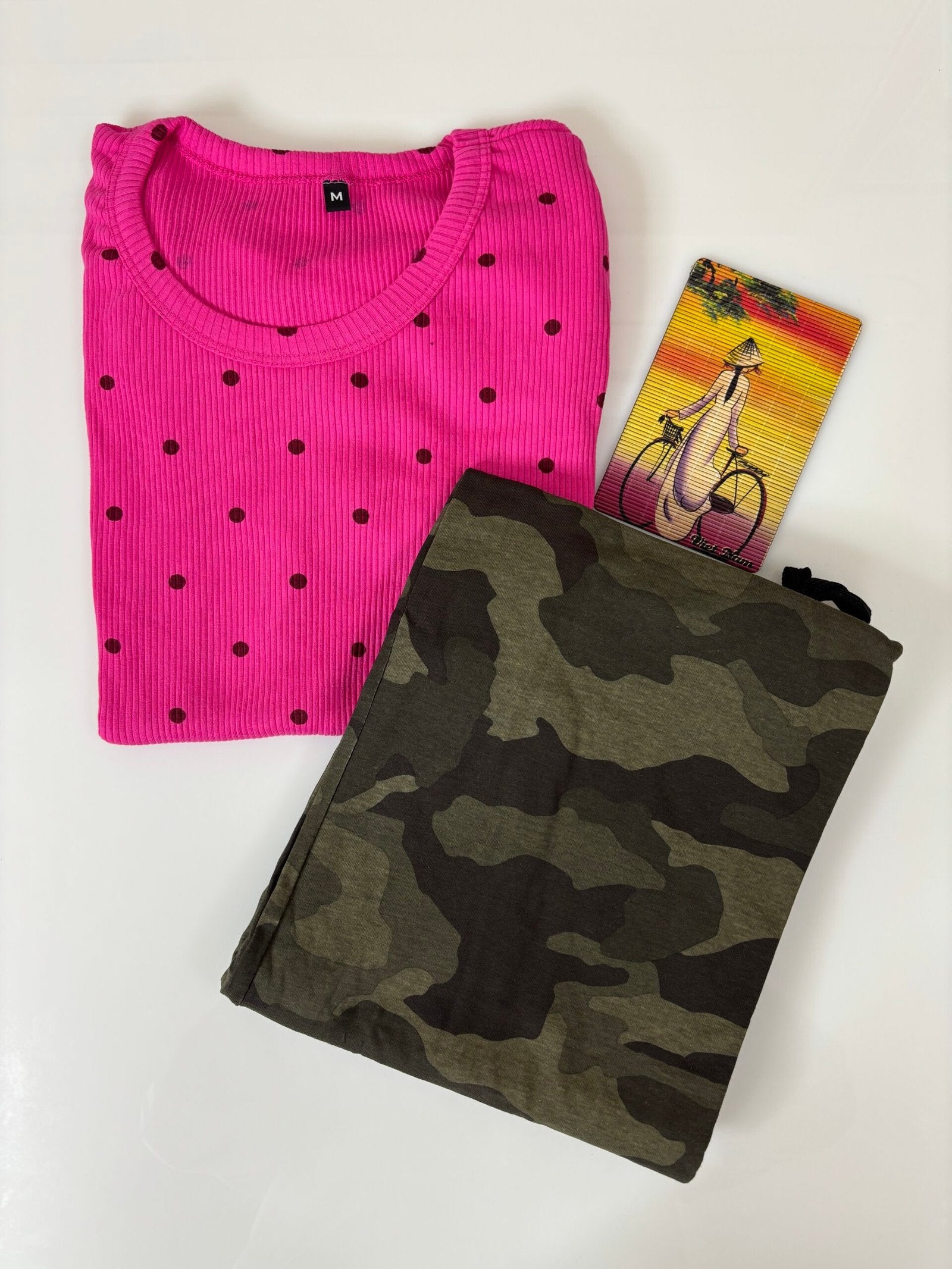 Dark Pink Dot's Printed T-shirt with Green Contrast Pant Set