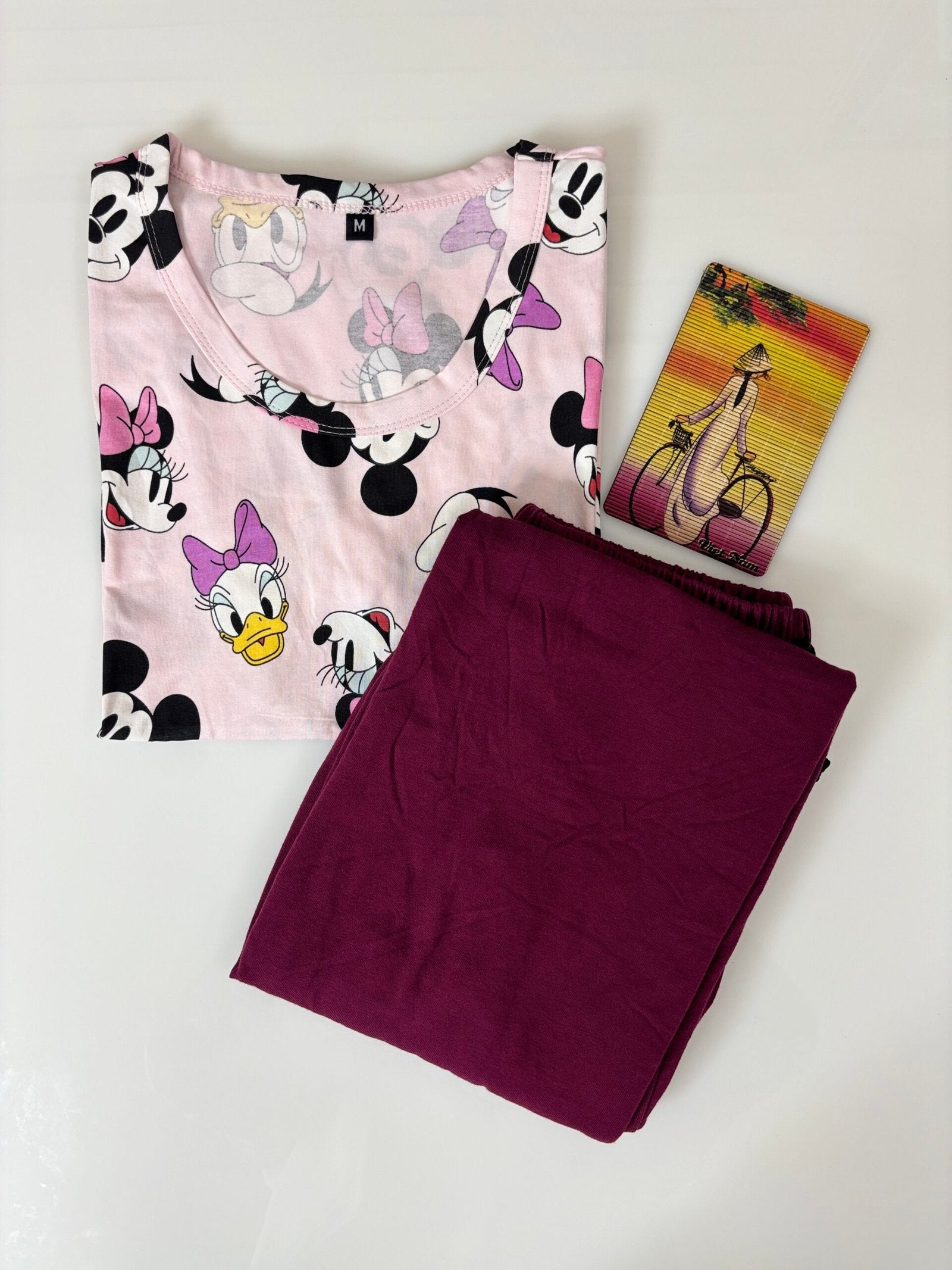 Baby Pink Cartoon Printed T-shirt with Maroon Contrast Pant Set