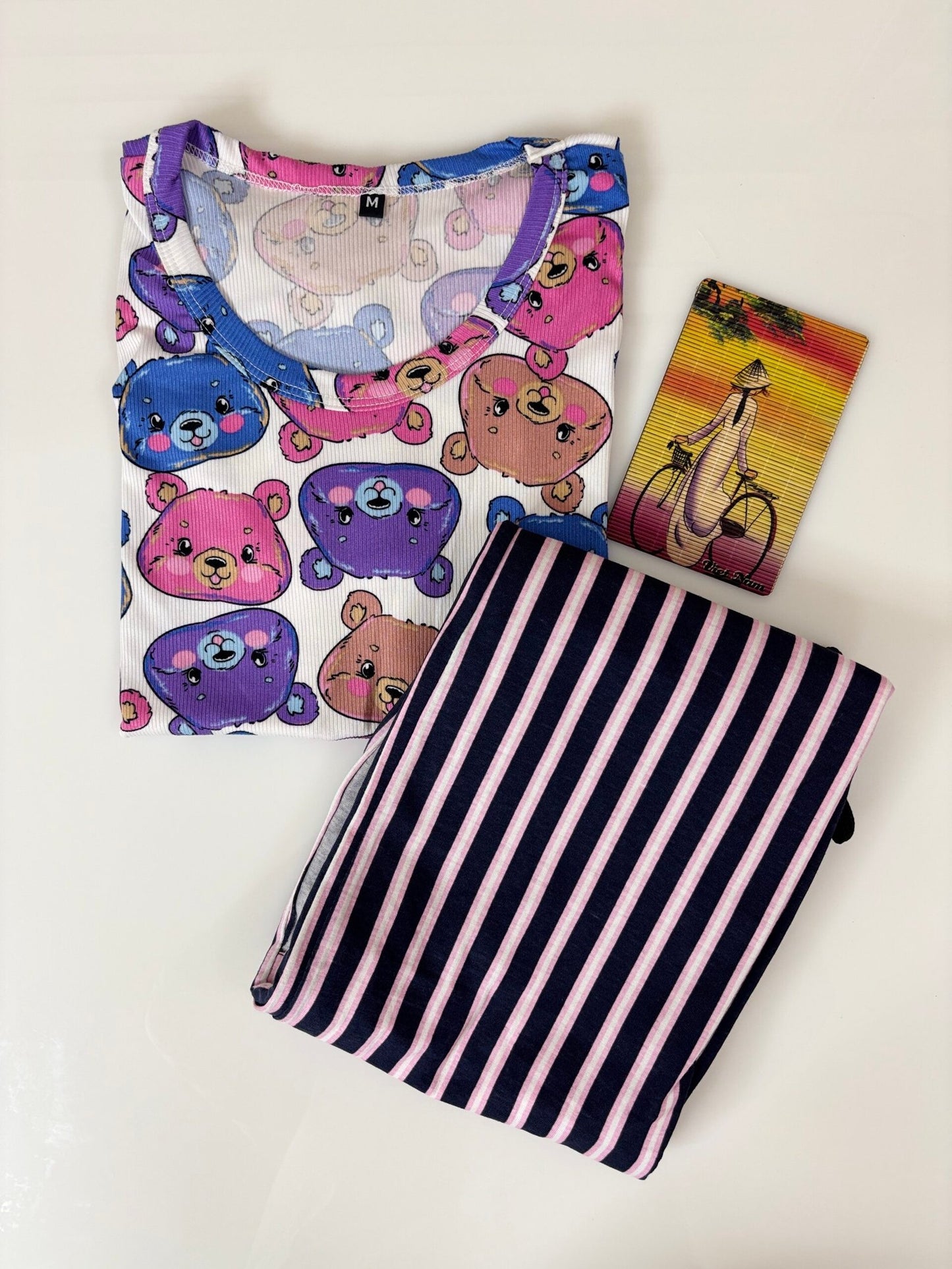 White Bunny Printed T-shirt with Black Contrast Pant Set