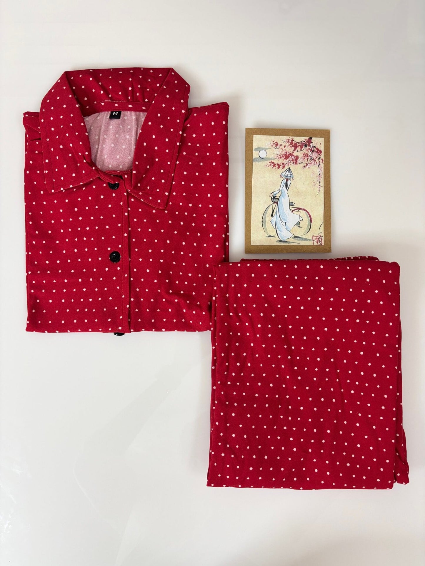 Spun Fabric Red with White Heart Printed Shirt and Pant Coords
