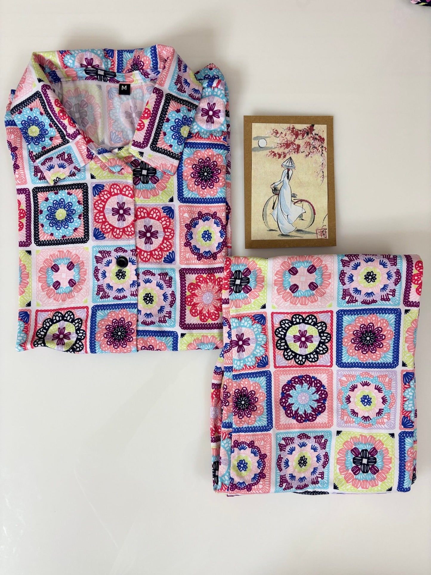 Spun Fabric Multicolor Granny Squares Printed Shirt and Pant Coords