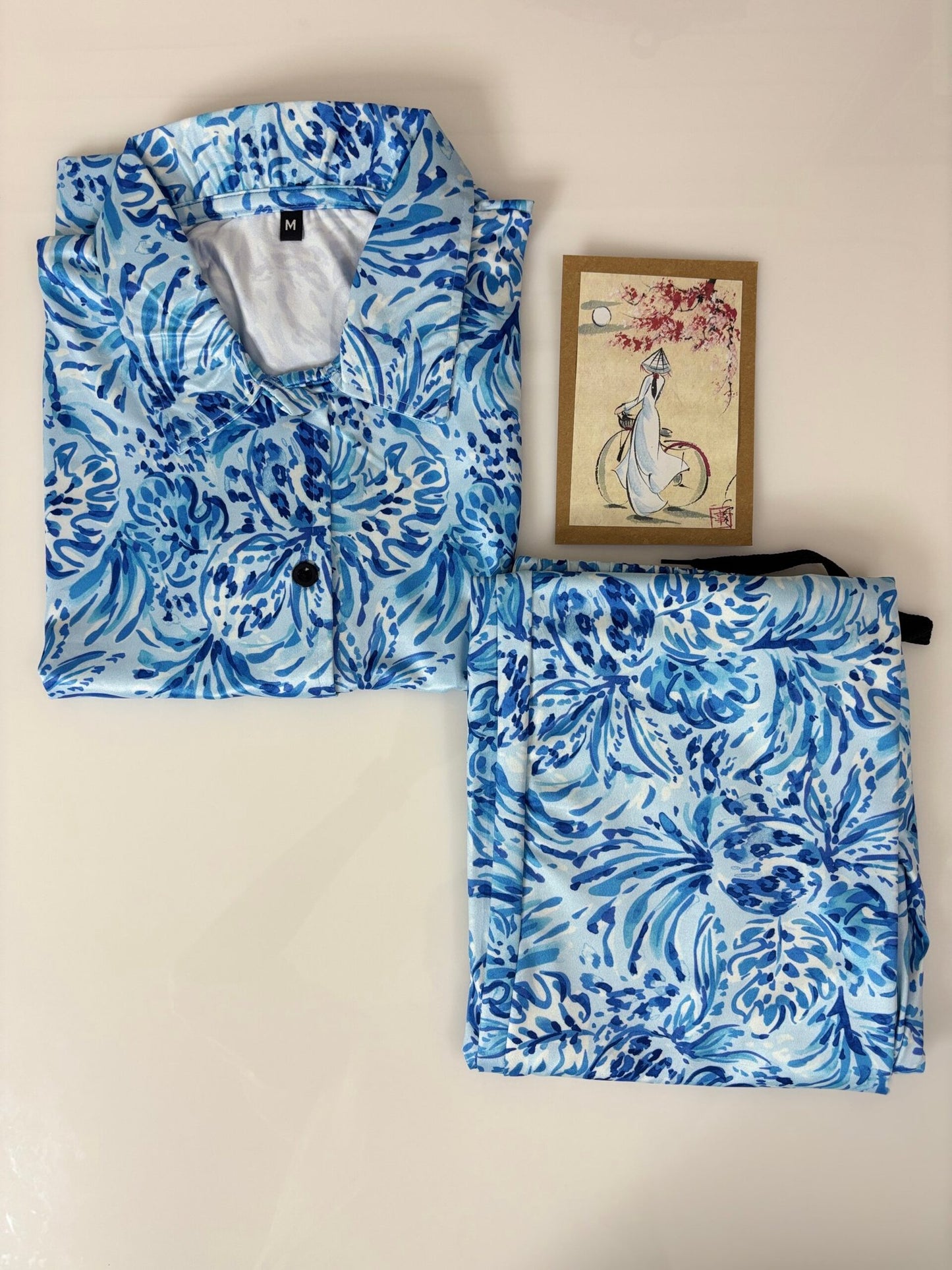 Spun Fabric Blue and White Abstract Floral Printed Shirt and Pant Coords