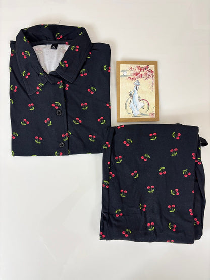 Spun Fabric Black with Cherry Printed Shirt and Pant Coords