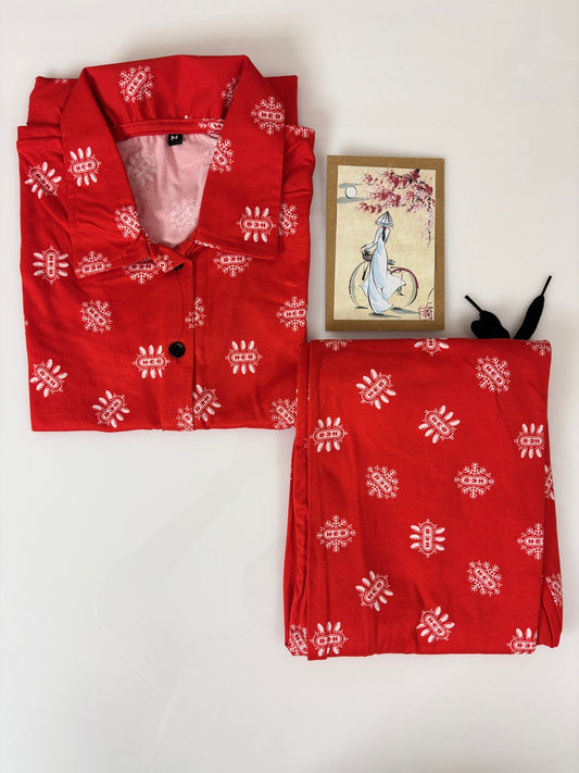 Spun Fabric Solid Red Snowflake Printed Shirt and Pant Coords