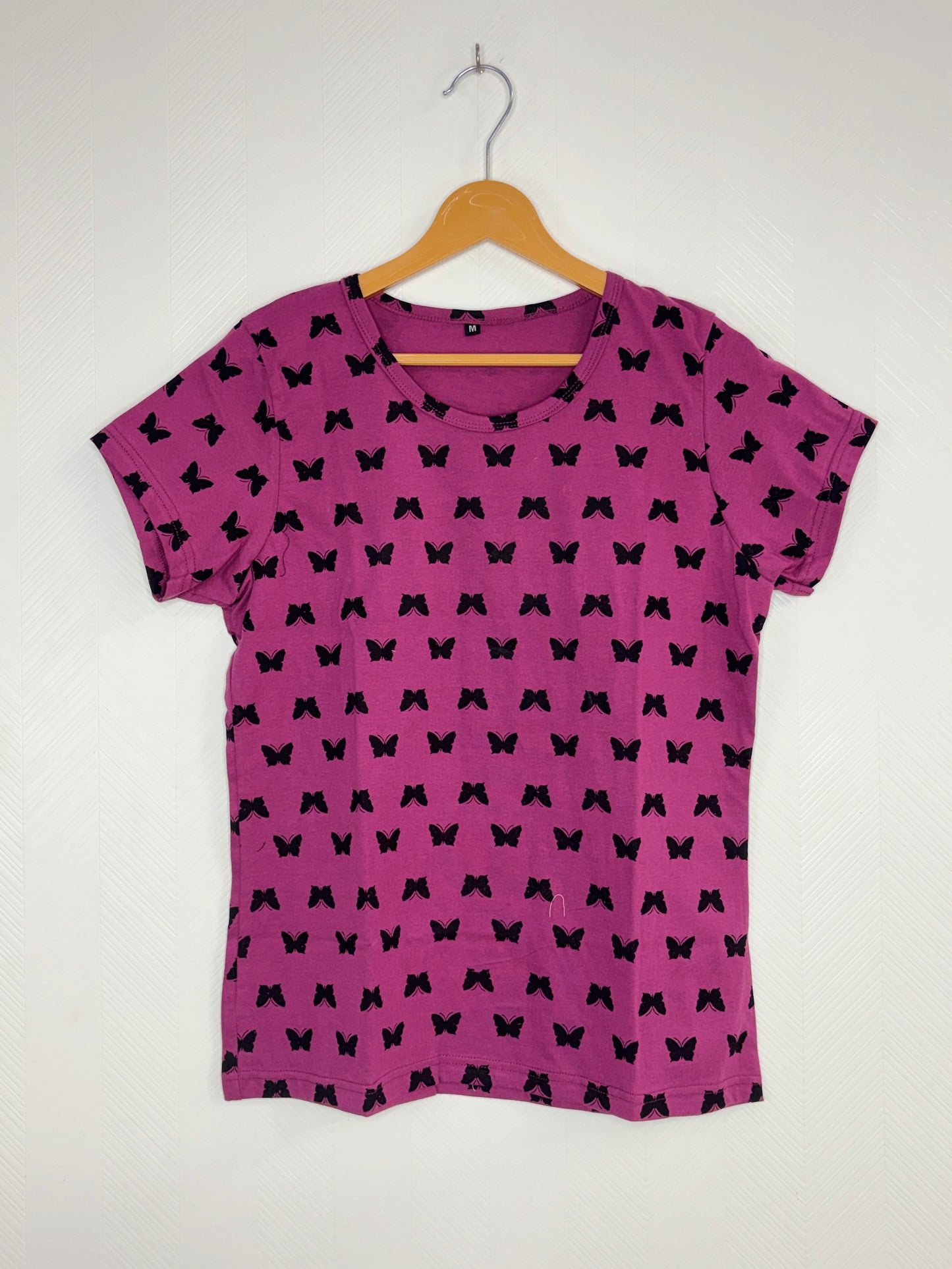 Women's Pink Butterfly Print Round Neck T-Shirt
