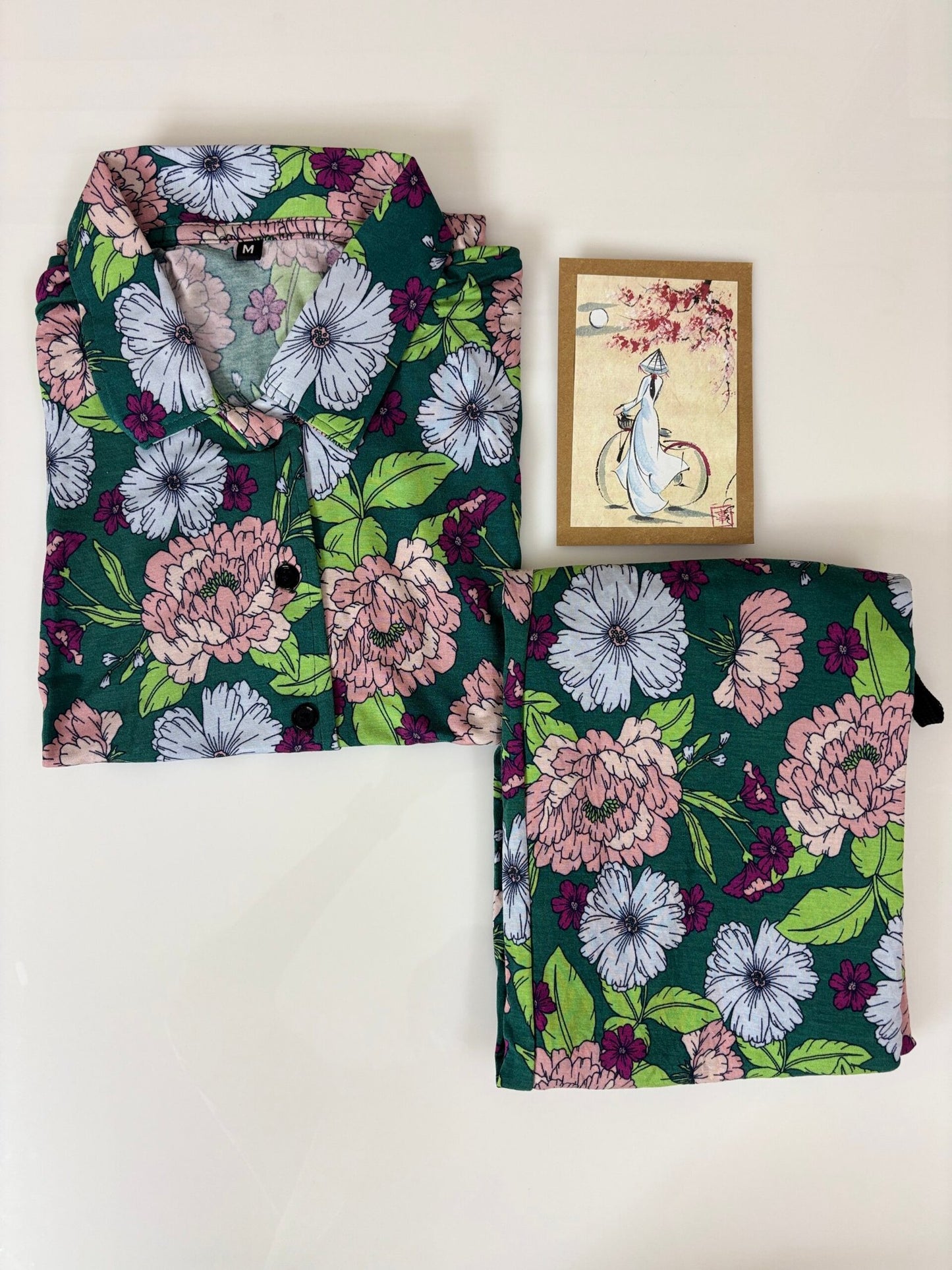 Spun Fabric Dark Green Floral Printed Shirt and Pant Coords