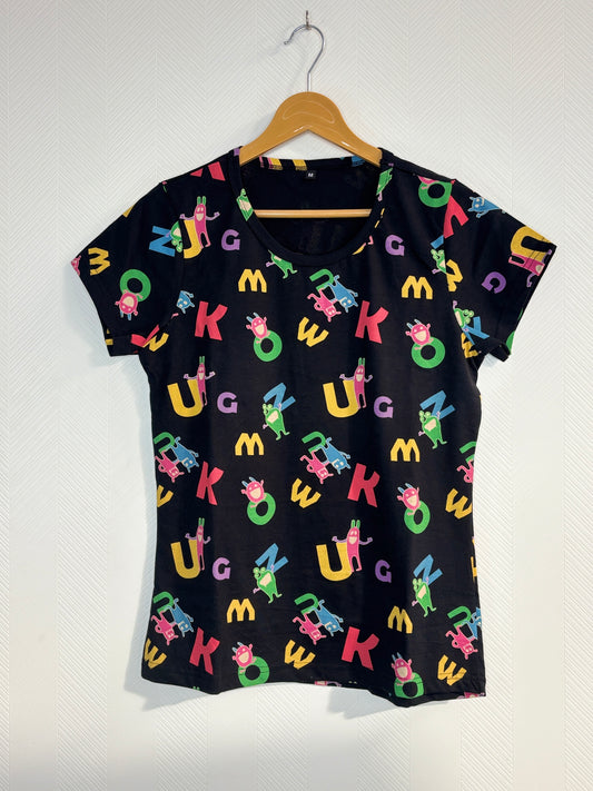 Black Alphabet and Cartoon Print Women's T-Shirt