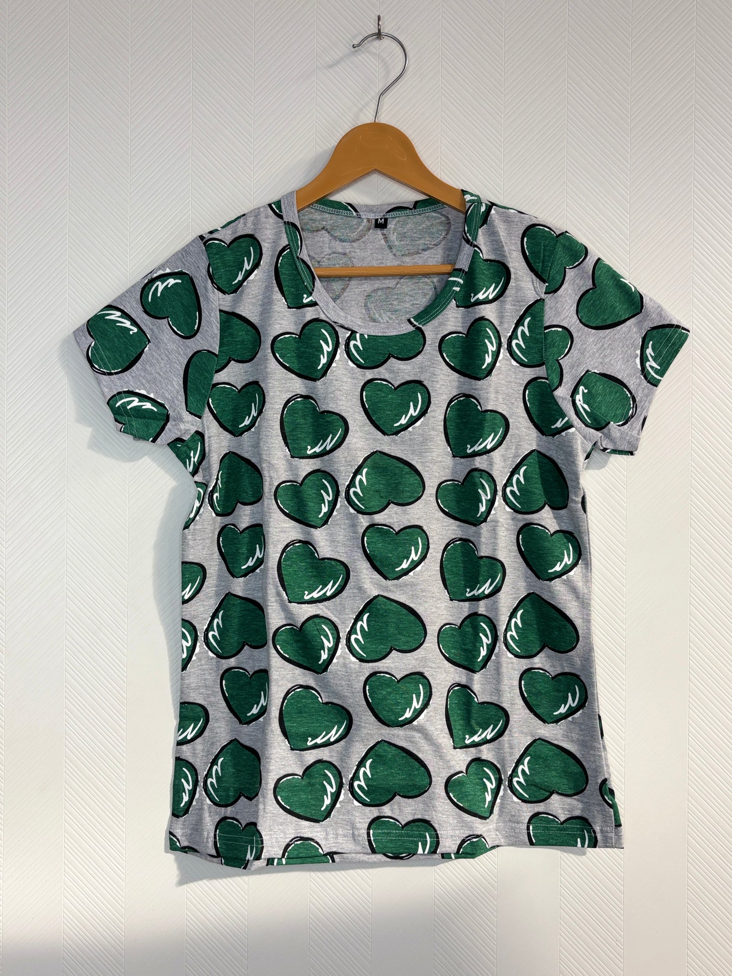 Grey Green Heart Print Womens Tshirt