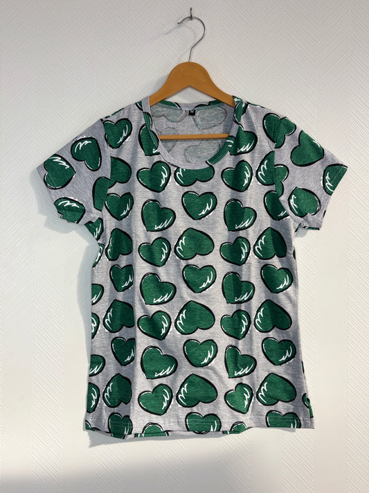 Grey Green Heart Print Womens Tshirt