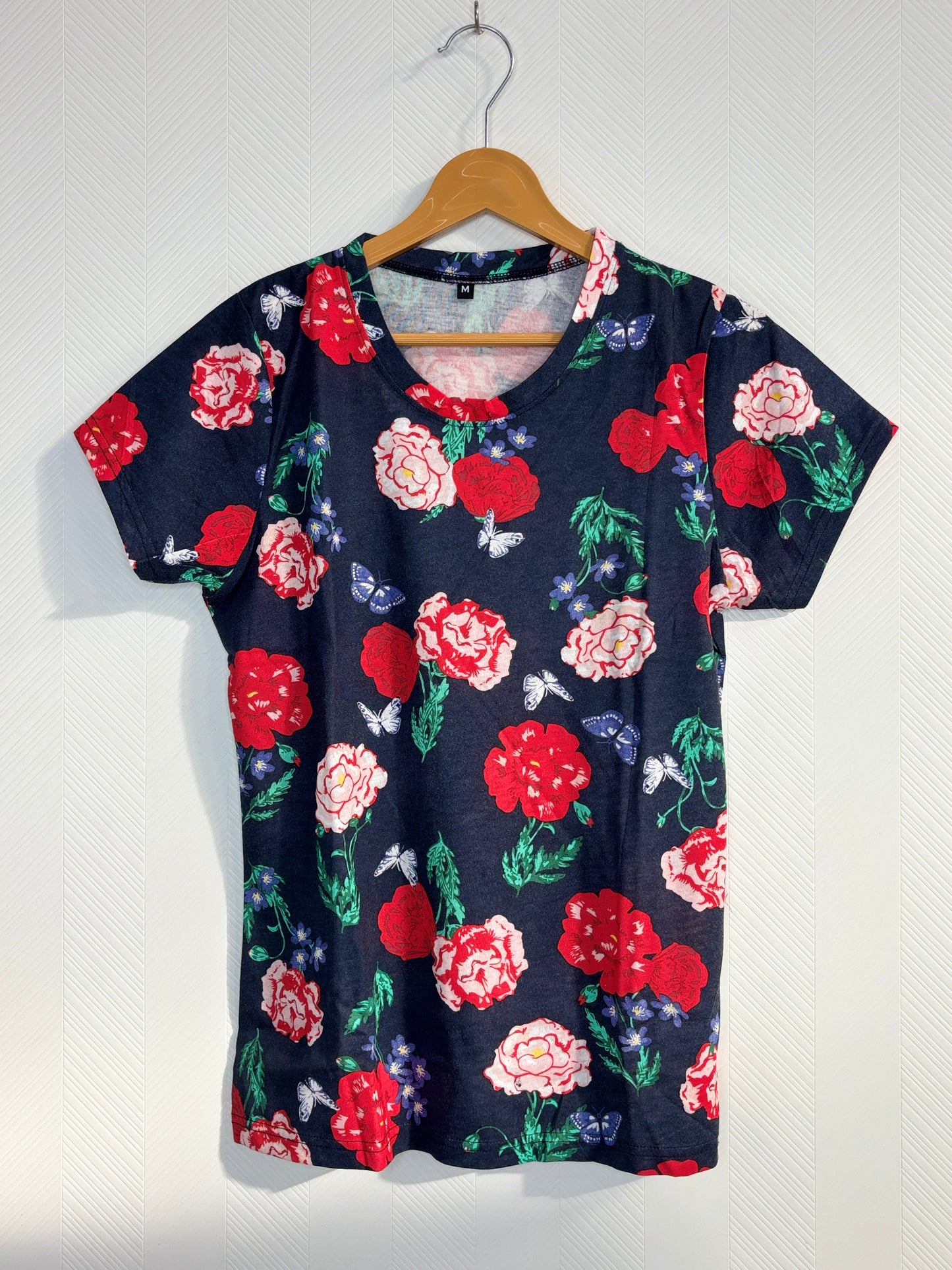 Navy Red Rose Floral Womens Tshirt