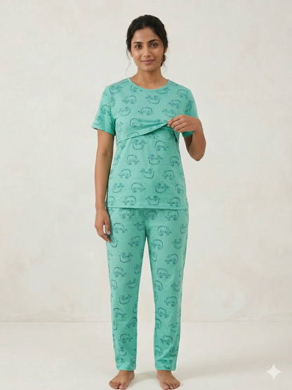 Sea Green Chameleon Printed Feeding T-shirt And Pants