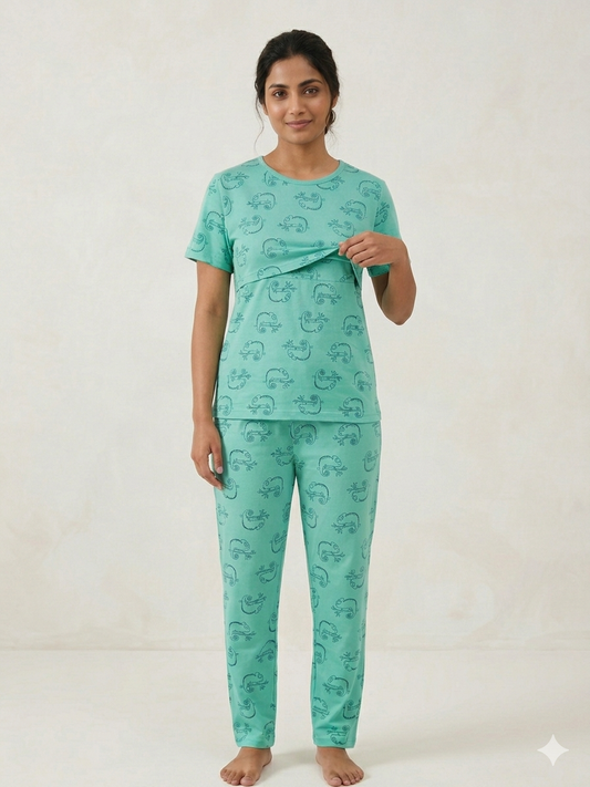 Sea Green Chameleon Printed Feeding T-shirt And Pants