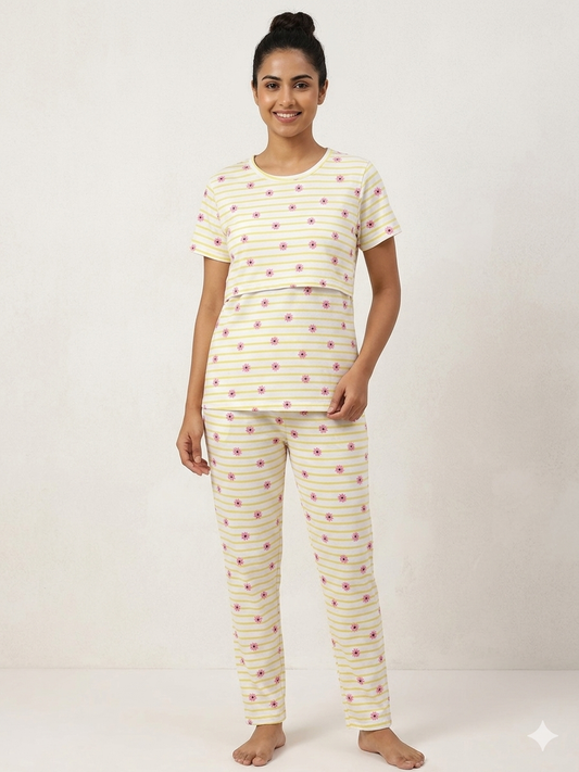 White Floral Striped Feeding T-shirt And Pants